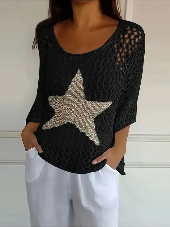 Boutique Sweaters - Black Open-Knit  brushed gold Star Pullover